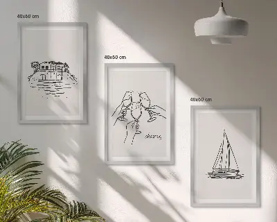 Tavelset för vägg ovanför soffa motiv med segelbåt vid vattenfronten i rostbruna toner