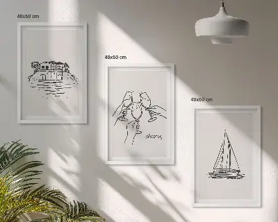 Tavelset för vägg ovanför soffa motiv med segelbåt vid vattenfronten i rostbruna toner