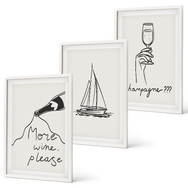 Tavelpaket med ramar Vin segelbåt glas linjekonst