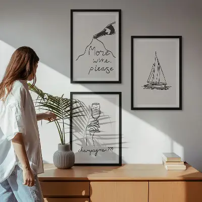 Vin segelbåt linjekonst tavelset med ramar