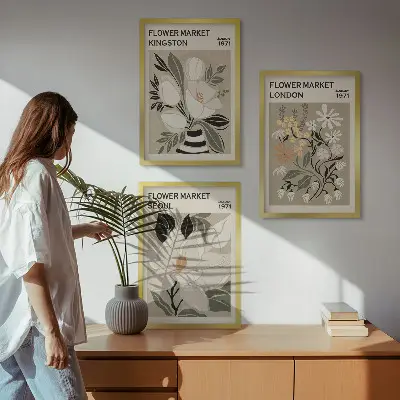 Retroblommor inspirerade av städer världen över tavelset för väggen ovanför soffan