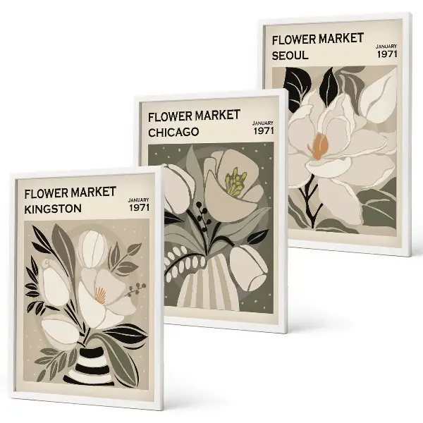 Blommor affischset för vägg ovanför soffa motiv med Kingston Seoul Chicago i retrostil