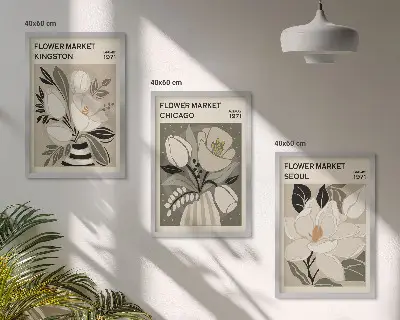 Blommor affischset för vägg ovanför soffa motiv med Kingston Seoul Chicago i retrostil
