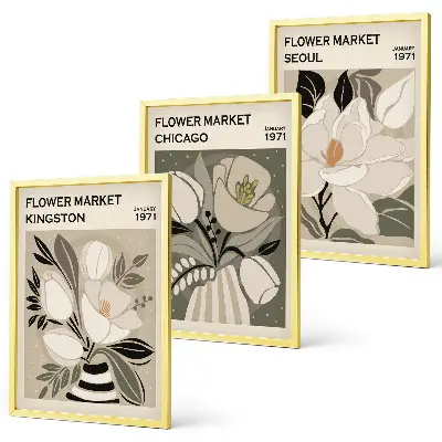 Blommor affischset för vägg ovanför soffa motiv med Kingston Seoul Chicago i retrostil