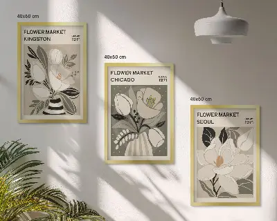 Blommor affischset för vägg ovanför soffa motiv med Kingston Seoul Chicago i retrostil