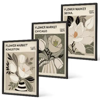 Blommor affischset för vägg ovanför soffa motiv med Kingston Seoul Chicago i retrostil