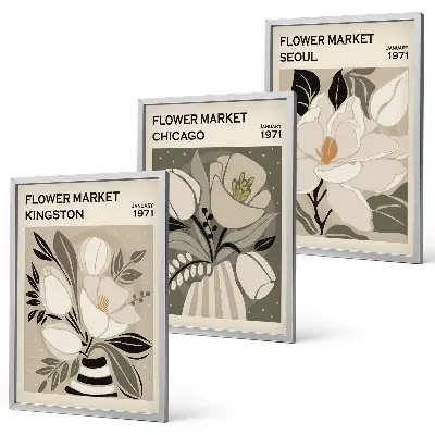 Blommor affischset för vägg ovanför soffa motiv med Kingston Seoul Chicago i retrostil