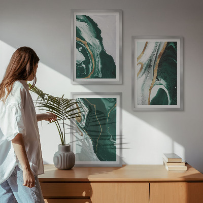 Set om 3 tavlor Abstrakta gröna färgmönster