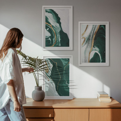 Set om 3 tavlor Abstrakta gröna färgmönster