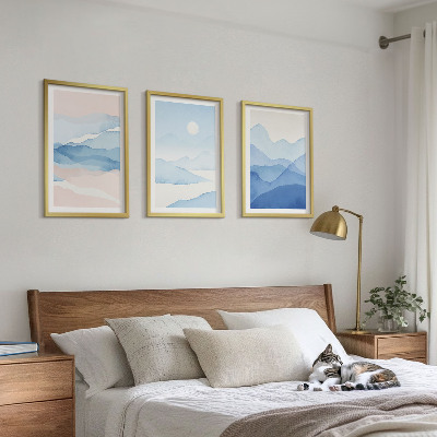 Set om 3 tavlor Blå rosa berg akvarell