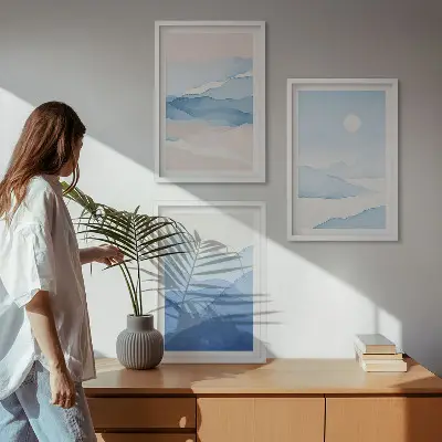 Blå rosa berg akvarell set om 3 tavlor