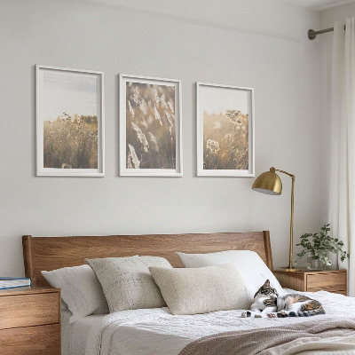 Set om 3 tavlor landskap gräs blommor värme