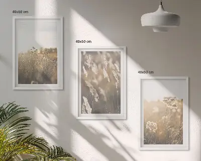 Tavelset med 3 delar landskap med gräs och blommor i varma toner