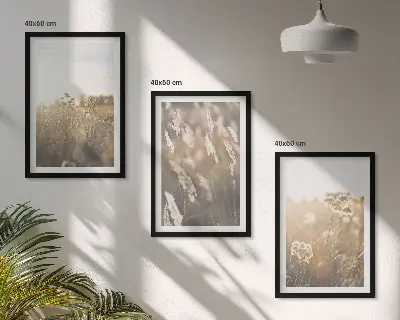 Tavelset med 3 delar landskap med gräs och blommor i varma toner