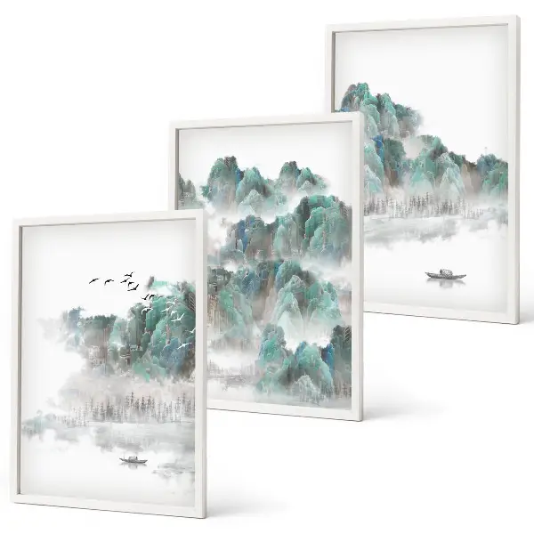 Tavelpaket med ramar motiv med berg, moln, fåglar och båt i japandi-stil