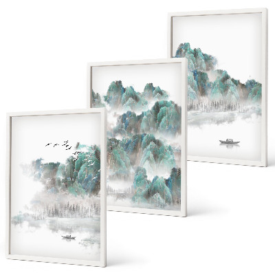 Tavelpaket med ramar Berg, moln, fåglar, båt, japandi