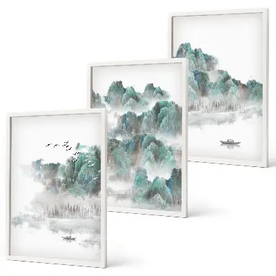 Tavelpaket med ramar motiv med berg, moln, fåglar och båt i japandi-stil