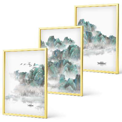 Tavelpaket med ramar Berg, moln, fåglar, båt, japandi