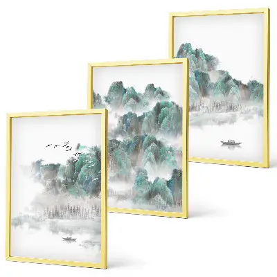 Tavelpaket med ramar motiv med berg, moln, fåglar och båt i japandi-stil
