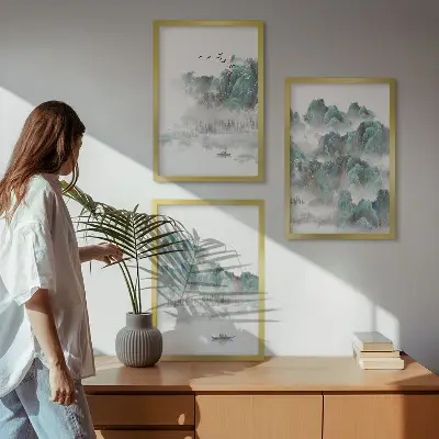Tavelpaket med ramar motiv med berg, moln, fåglar och båt i japandi-stil