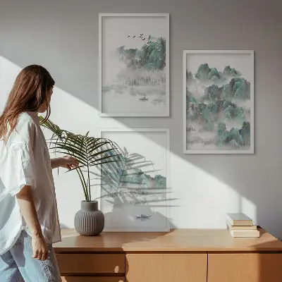 Tavelpaket med ramar motiv med berg, moln, fåglar och båt i japandi-stil