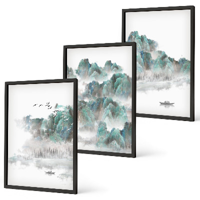 Tavelpaket med ramar Berg, moln, fåglar, båt, japandi
