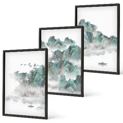 Tavelpaket med ramar motiv med berg, moln, fåglar och båt i japandi-stil