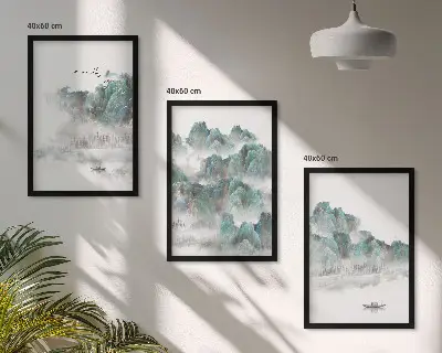 Tavelpaket med ramar motiv med berg, moln, fåglar och båt i japandi-stil