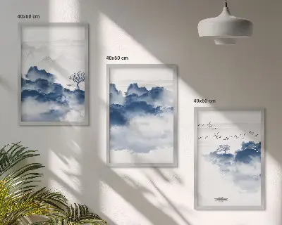 Tavloset med motiv av berg, moln, träd och fåglar set om 3 stycken