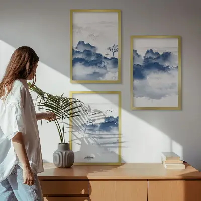 Tavloset med motiv av berg, moln, träd och fåglar set om 3 stycken
