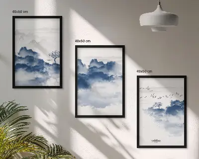 Tavloset med motiv av berg, moln, träd och fåglar set om 3 stycken