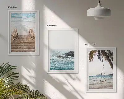 Tavelset med motiv av trappor vid havsstrand och gunga set om 3 tavlor