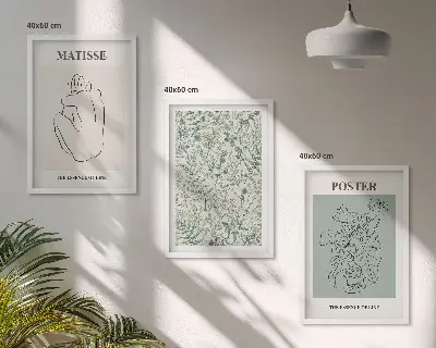Tavelvägg med ramar linjer, växtmotiv och minimalism
