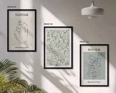Tavelvägg med ramar linjer, växtmotiv och minimalism