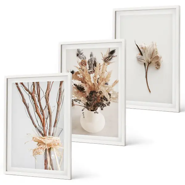 Tavelvägg med blommor och grenar minimalistiska motiv med ramar