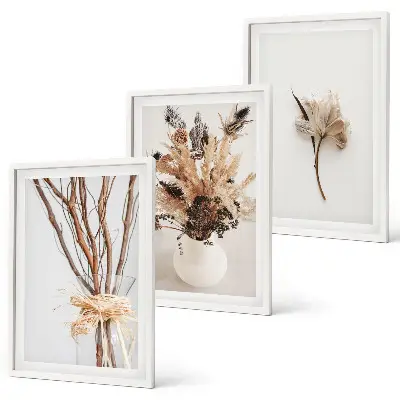 Tavelvägg med blommor och grenar minimalistiska motiv med ramar