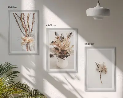 Tavelvägg med blommor och grenar minimalistiska motiv med ramar