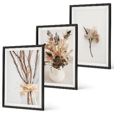 Tavelvägg med blommor och grenar minimalistiska motiv med ramar