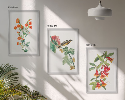 Tavelpaket med ramar Målade blommor och en fågel