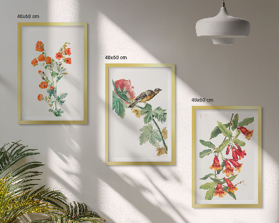 Tavelpaket med ramar Målade blommor och en fågel