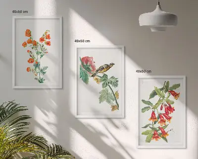 Målade blommor och en fågel tavelvägg med ramar
