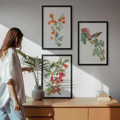 Tavelpaket med ramar Målade blommor och en fågel