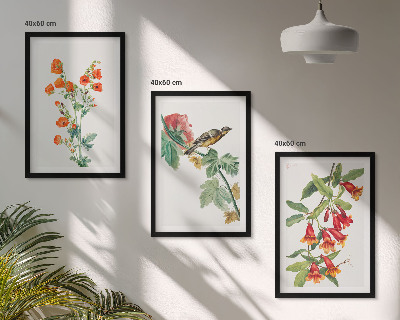 Tavelpaket med ramar Målade blommor och en fågel