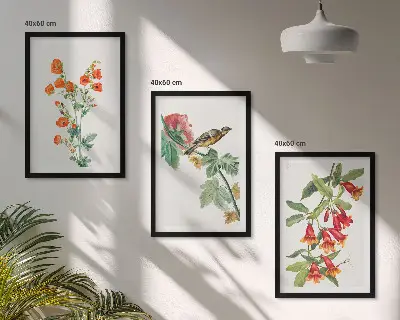 Målade blommor och en fågel tavelvägg med ramar