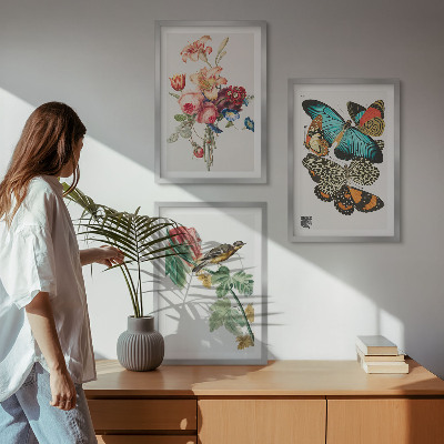 Tavelpaket med ramar Blommor fjärilar fågel pastell