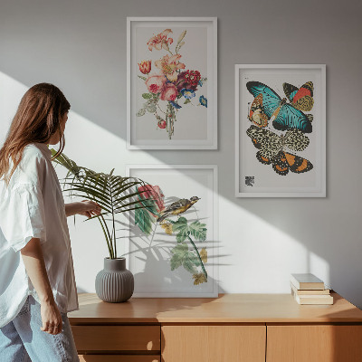 Tavelpaket med ramar Blommor fjärilar fågel pastell