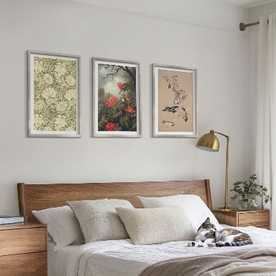 Set om 3 tavlor Blommor fåglar natur