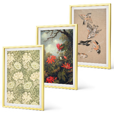 Set om 3 tavlor Blommor fåglar natur