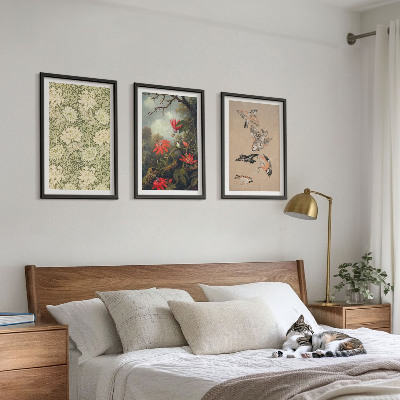 Set om 3 tavlor Blommor fåglar natur