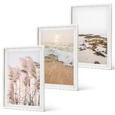 Tavelset med ramar med motiv av strandgräs, vågor och stenar i boho-stil
